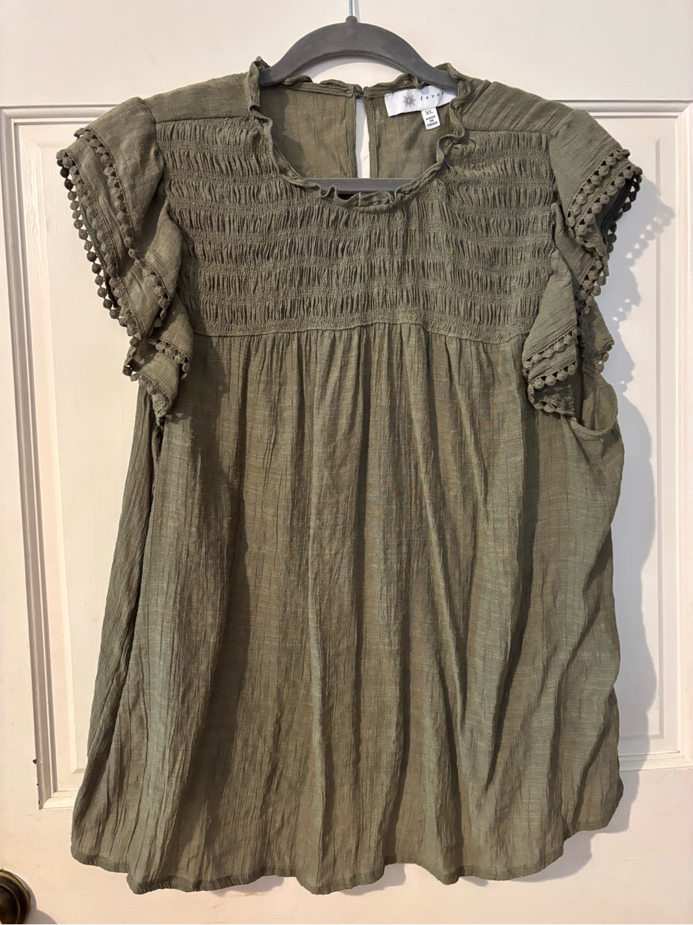 Fever Olive Green Smocked Flutter Sleeve Blouse